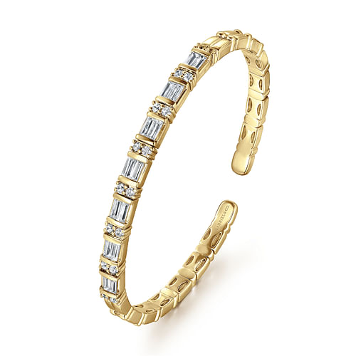 14K Yellow Gold Diamond Baguette Station Bangle