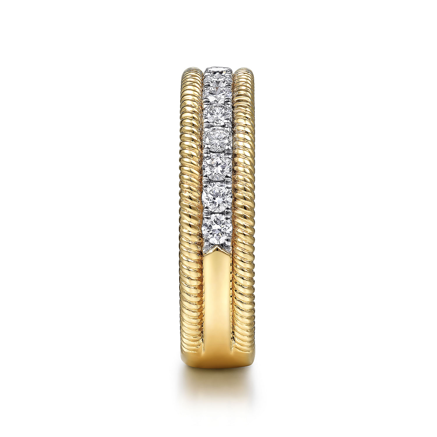 14K Yellow Gold Diamond Band Stackable with Twisted Rope Border