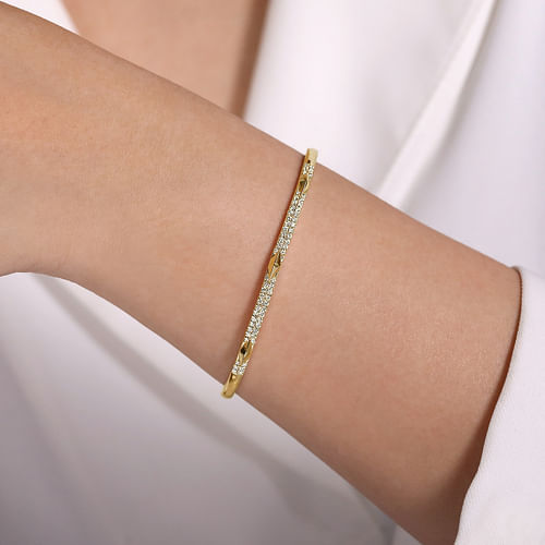 14K Yellow Gold Diamond Bangle with Pyramid Rhombus Stations