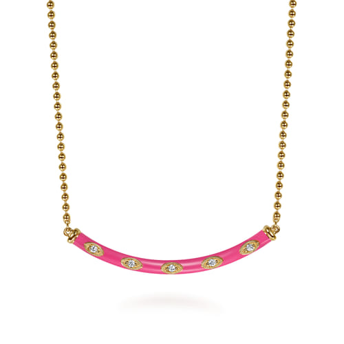 14K Yellow Gold Diamond Bar Necklace with Fuchsia Enamel
