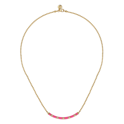 14K Yellow Gold Diamond Bar Necklace with Fuchsia Enamel