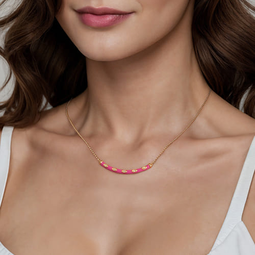 14K Yellow Gold Diamond Bar Necklace with Fuchsia Enamel