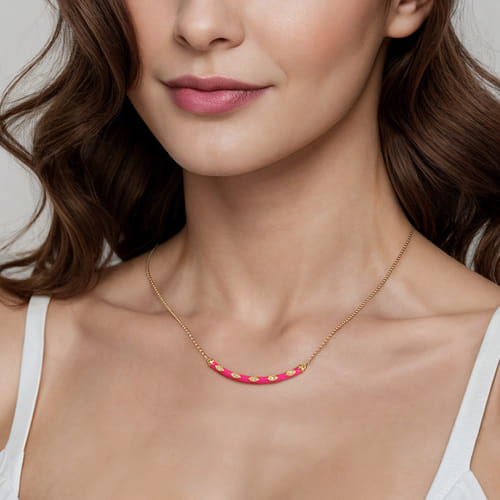 14K Yellow Gold Diamond Bar Necklace with Fuchsia Enamel