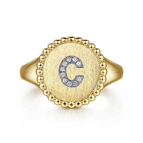 14K Yellow Gold Diamond Bujukan Initial C Signet Ring