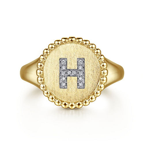 14K Yellow Gold Diamond Bujukan Initial H Signet Ring