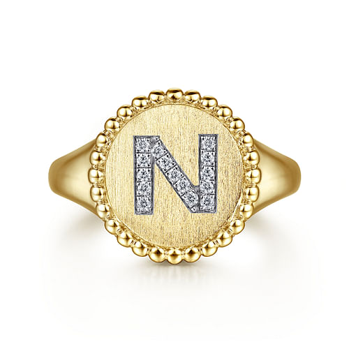 14K Yellow Gold Diamond Bujukan Initial N Signet Ring