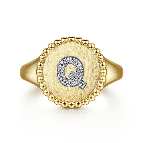 14K Yellow Gold Diamond Bujukan Initial Q Signet Ring