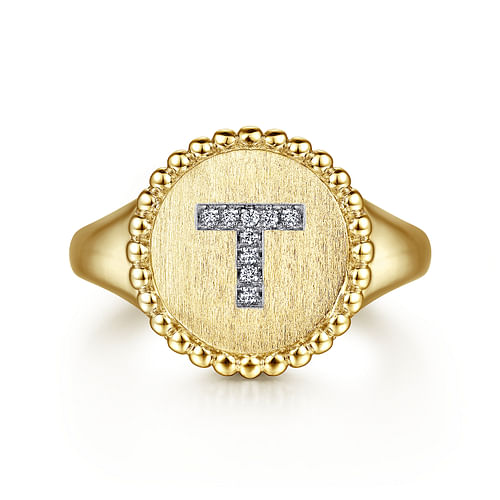 14K Yellow Gold Diamond Bujukan Initial T Signet Ring