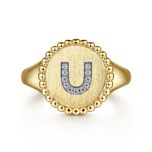 14K Yellow Gold Diamond Bujukan Initial U Signet Ring