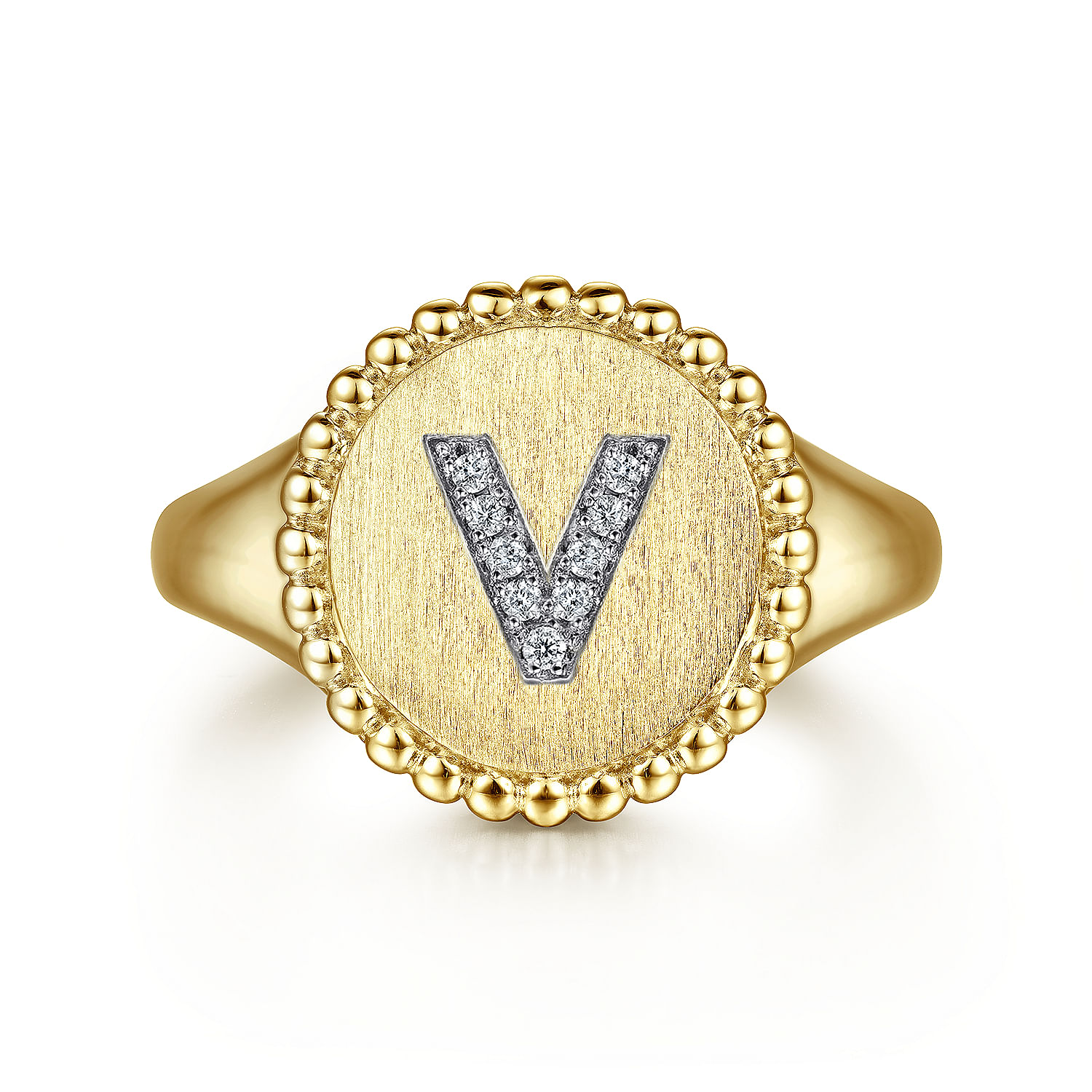 14K Yellow Gold Diamond Bujukan Initial V Signet Ring