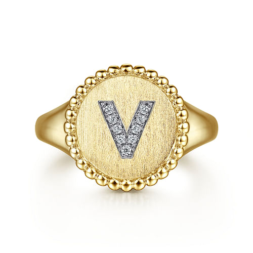 14K Yellow Gold Diamond Bujukan Initial V Signet Ring