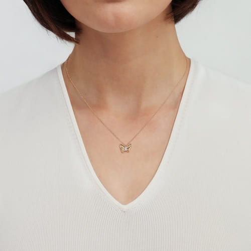 14K Yellow Gold Diamond Butterfly Necklace