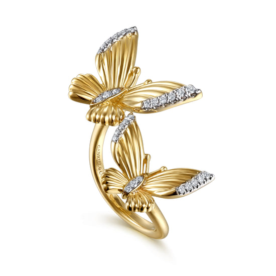 14K Yellow Gold Diamond Butterfly Open Ring angle 3
