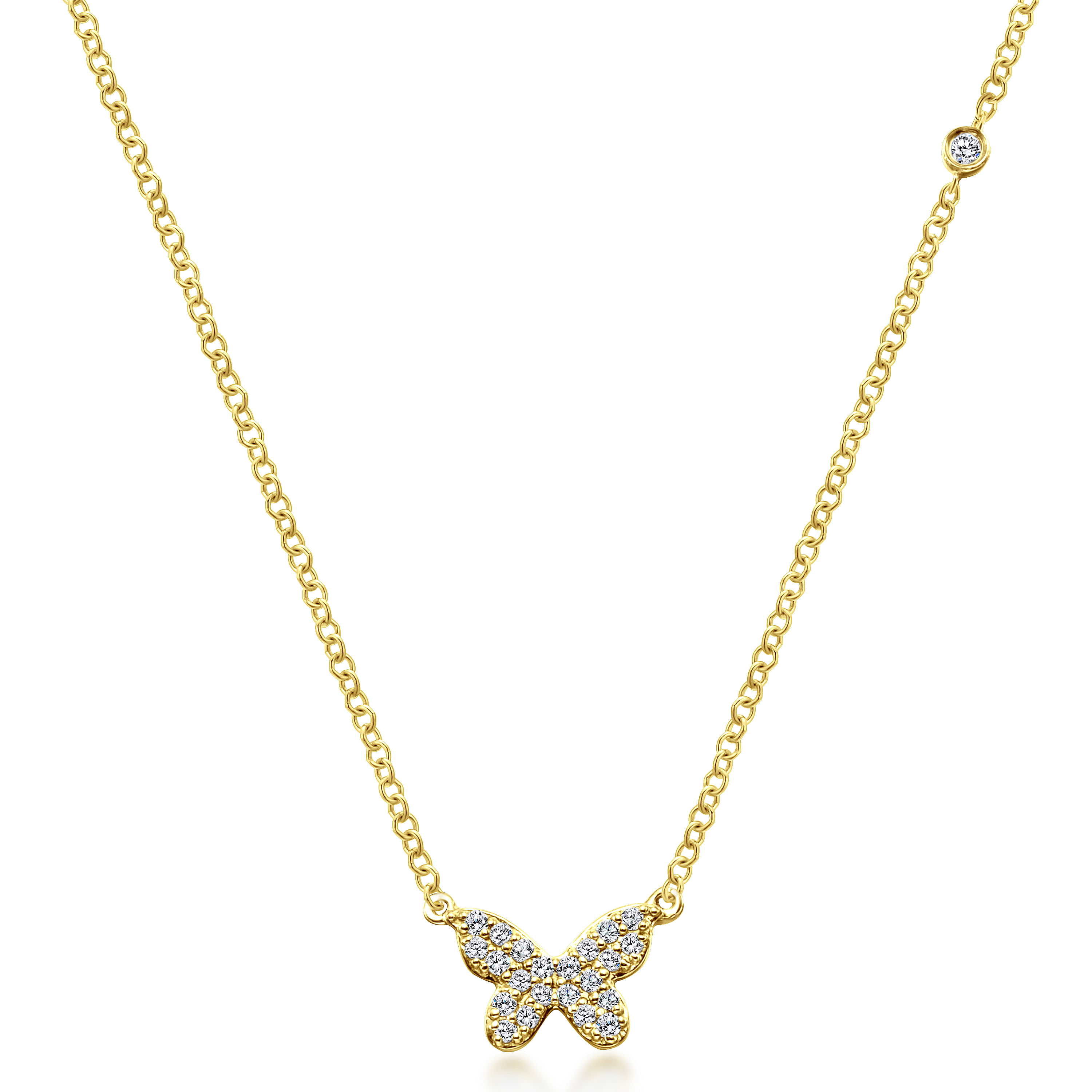 14K Yellow Gold Diamond Butterfly Pendant Necklace
