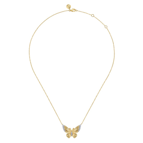 14K Yellow Gold Diamond Butterfly Pendant Necklace