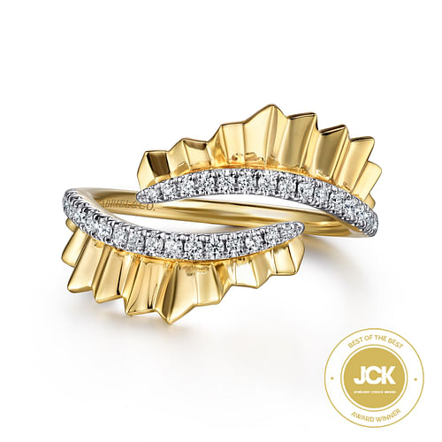 14K Yellow Gold Diamond Bypass Ring with Diamond Cut Texture