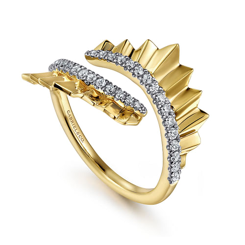 14K Yellow Gold Diamond Bypass Ring with Diamond Cut Texture