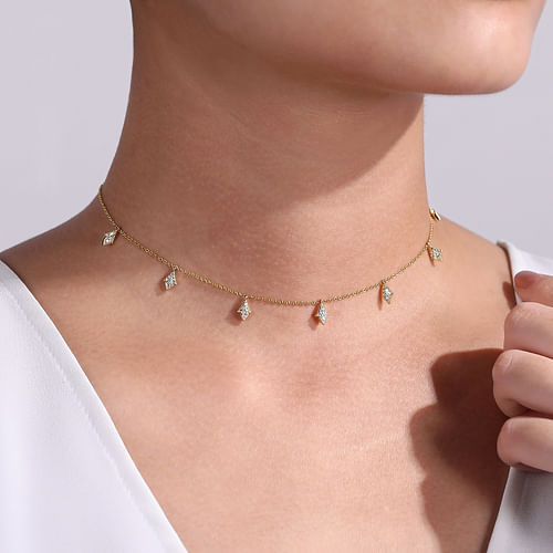 14K Yellow Gold Diamond Choker Necklace with Diamond Kite Drops