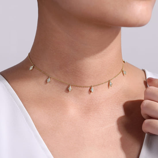 14K Yellow Gold Diamond Choker Necklace with Diamond Kite Drops angle 3