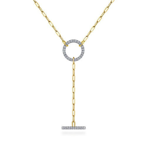 14K Yellow Gold Diamond Circle and Bar Y-Knot Necklace with Hollow Paperclip Chain