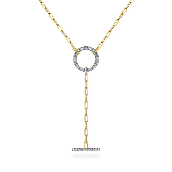 14K Yellow Gold Diamond Circle and Bar Y-Knot Necklace with Hollow Paperclip Chain