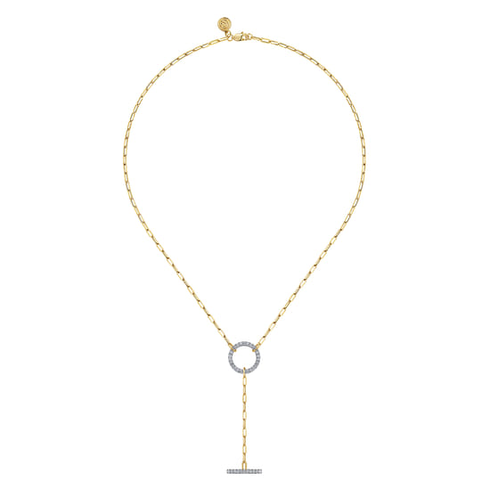 14K Yellow Gold Diamond Circle and Bar Y-Knot Necklace with Hollow Paperclip Chain angle 2