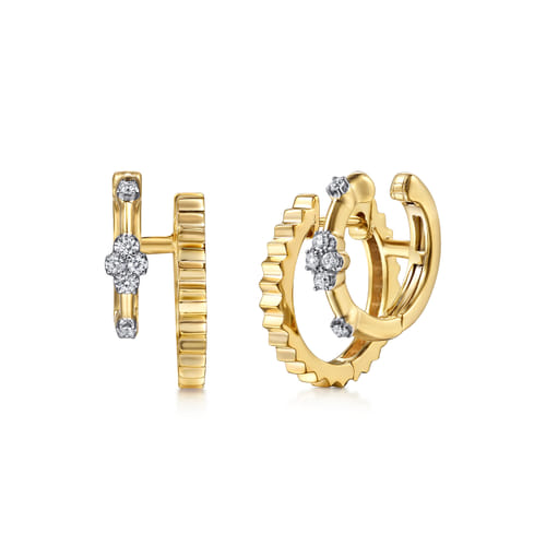 14K Yellow Gold Diamond Clover and Diamond Cut Texture Stuggies Earrings