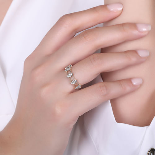 14K Yellow Gold Diamond Cluster Station Ring