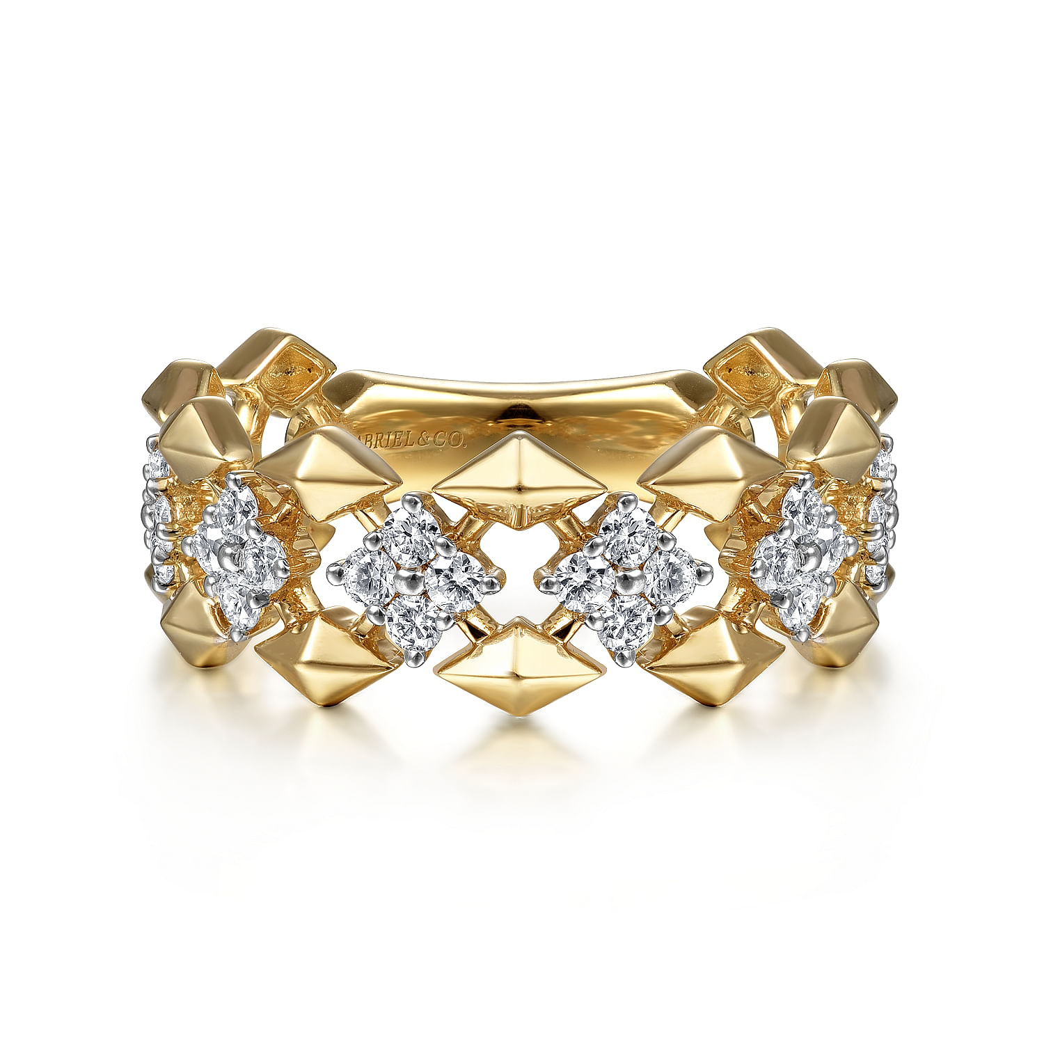 14K Yellow Gold Diamond Cluster Station Wide Ring