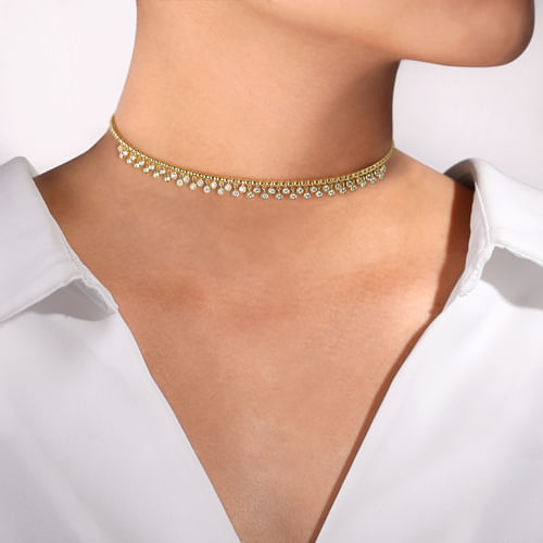 14K Yellow Gold Diamond Clusters Bujukan Beaded Choker Necklace 