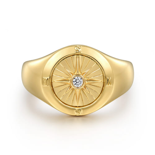 14K Yellow Gold Diamond Compass Signet Ring