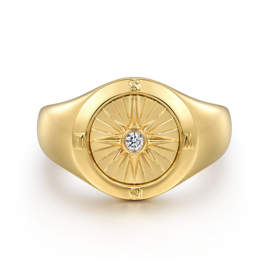 14K Yellow Gold Diamond Compass Signet Ring