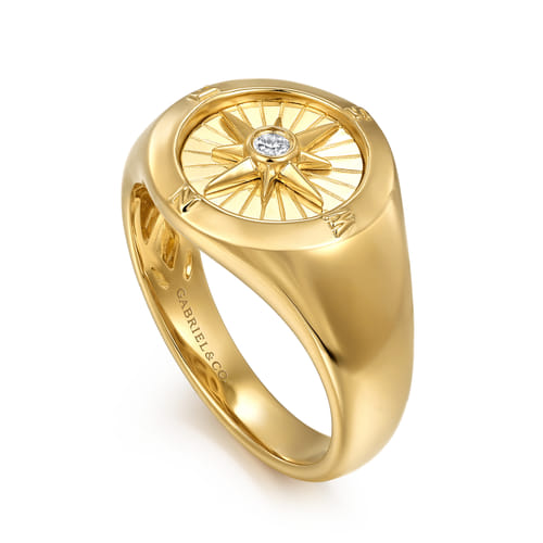 14K Yellow Gold Diamond Compass Signet Ring