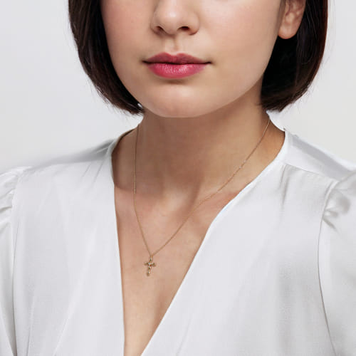 14K Yellow Gold Diamond Cross Necklace, 0.02ct