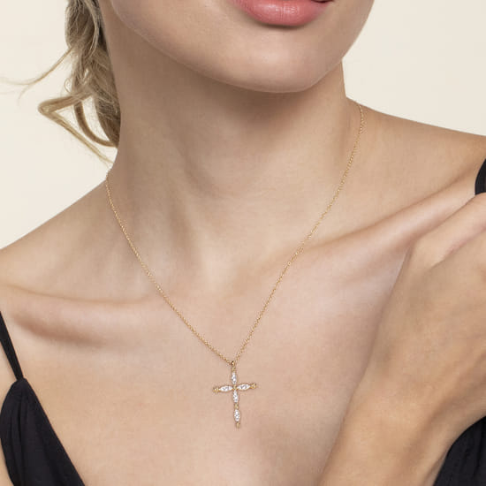 14K Yellow Gold Diamond Cross Pendant Necklace-Bujukan angle 3 14K Yellow Gold Diamond Cross Pendant Necklace-Bujukan angle 3