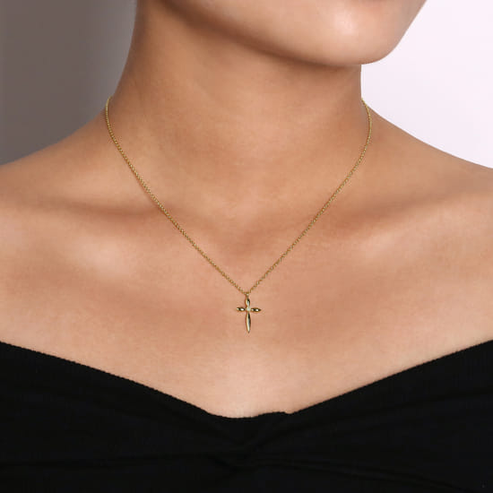 14K Yellow Gold Diamond Cross Pendant Necklace angle 3