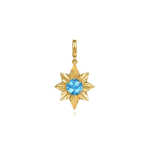 14K Yellow Gold Diamond Cut Blue Topaz Starbust Medallion Pendant in Size 20mm With Detachable Bail 