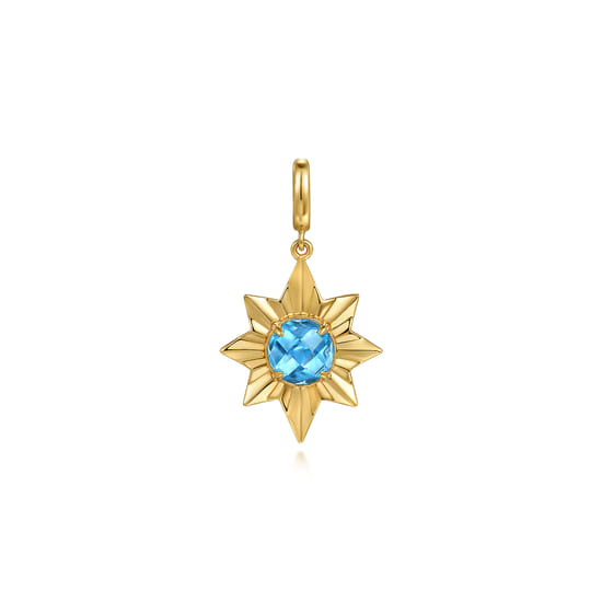 14K Yellow Gold Diamond Cut Blue Topaz Starbust Medallion Pendant in Size 20mm With Detachable Bail 