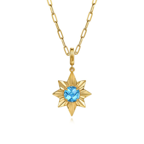 14K Yellow Gold Diamond Cut Blue Topaz Starbust Medallion Pendant in Size 20mm With Detachable Bail 