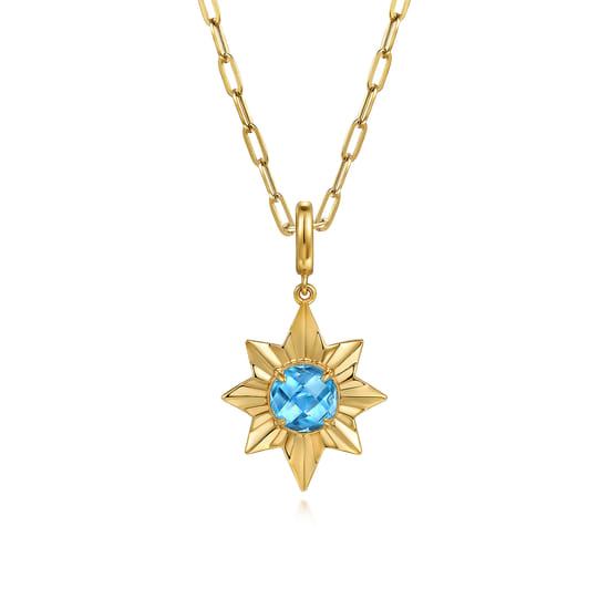 14K Yellow Gold Diamond Cut Blue Topaz Starbust Medallion Pendant in Size 20mm With Detachable Bail  angle 3