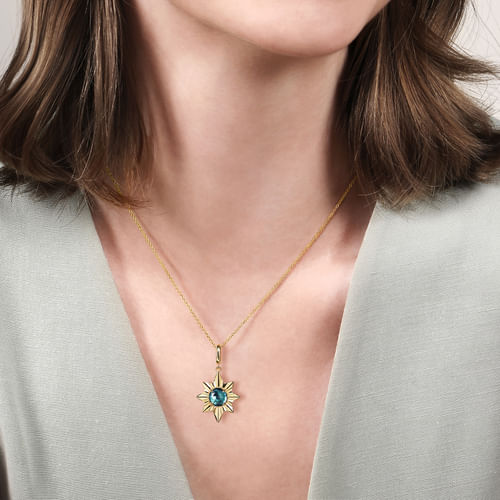 14K Yellow Gold Diamond Cut Blue Topaz Starbust Medallion Pendant in Size 20mm With Detachable Bail 