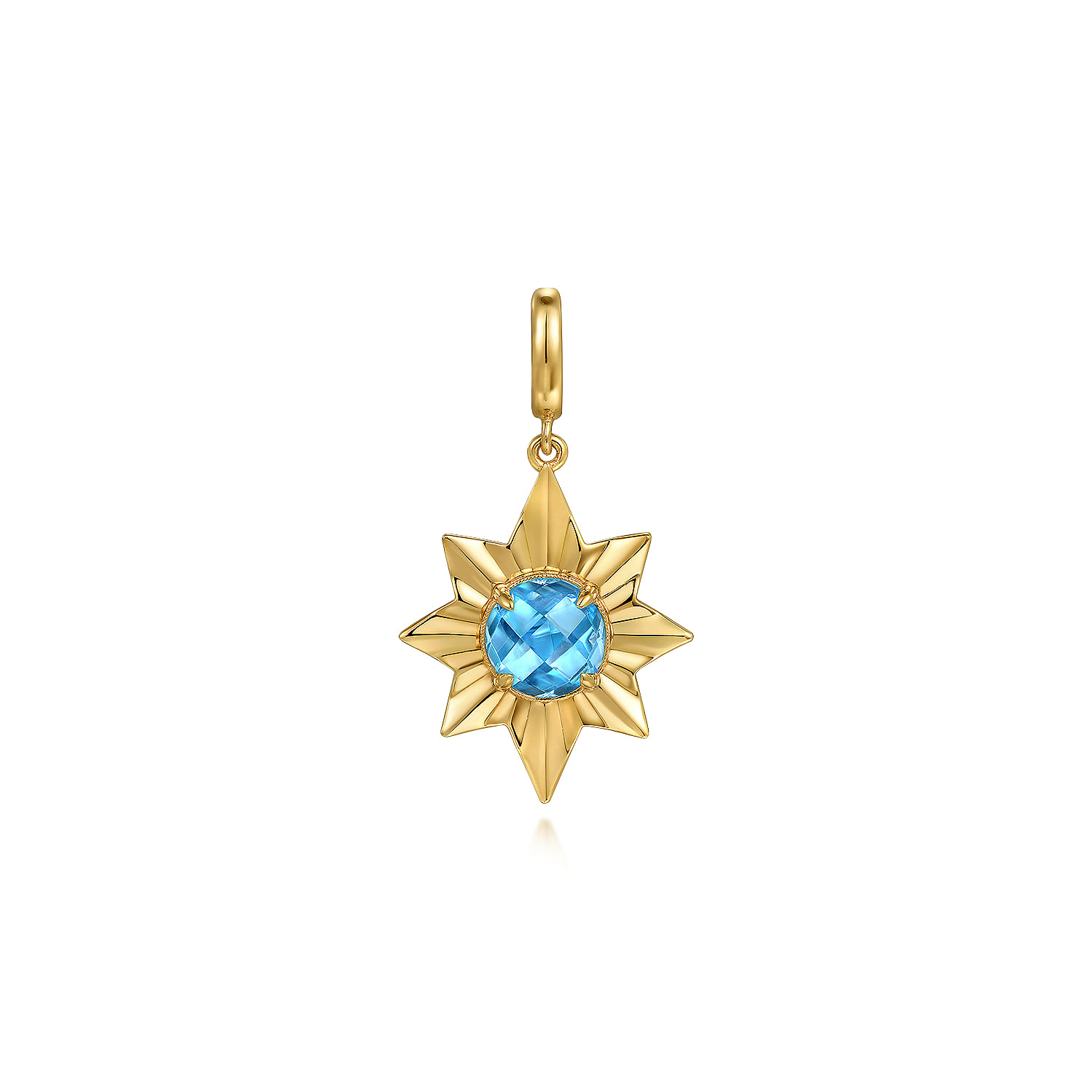 14K Yellow Gold Diamond Cut Blue Topaz Starbust Medallion Pendant in Size 20mm