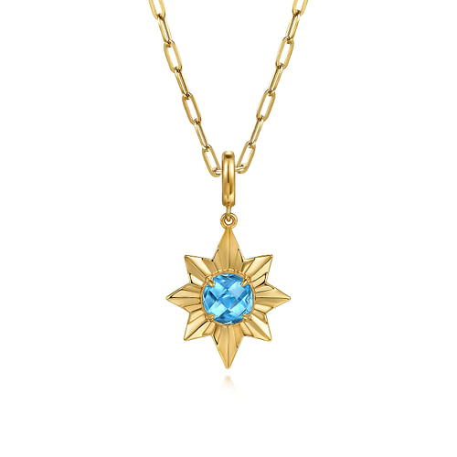 14K Yellow Gold Diamond Cut Blue Topaz Starbust Medallion Pendant in Size 20mm