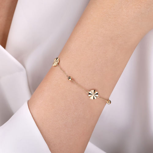 14K Yellow Gold Diamond Cut Disk Station Tennis Bracelet