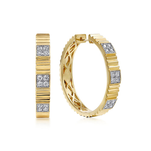 14K Yellow Gold Diamond Cut Texture 30mm Diamond Hoop Earrings