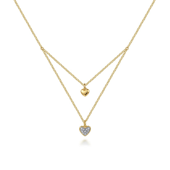 14K Yellow Gold Diamond Double Heart Pendant Necklace
