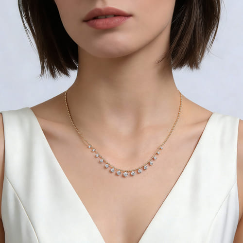 14K Yellow Gold Diamond Drop Station Necklace