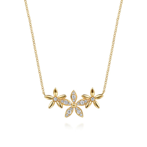 14K Yellow Gold Diamond Floral Bar Necklace