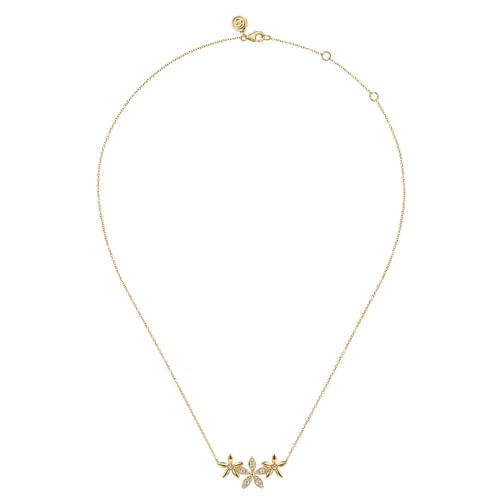 14K Yellow Gold Diamond Floral Bar Necklace