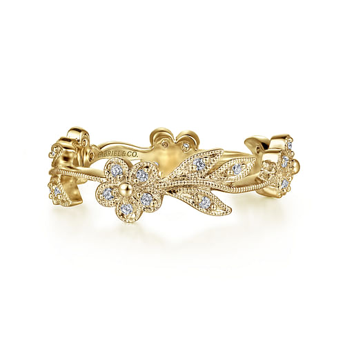 14K Yellow Gold Diamond Floral Contoured Stackable Ring